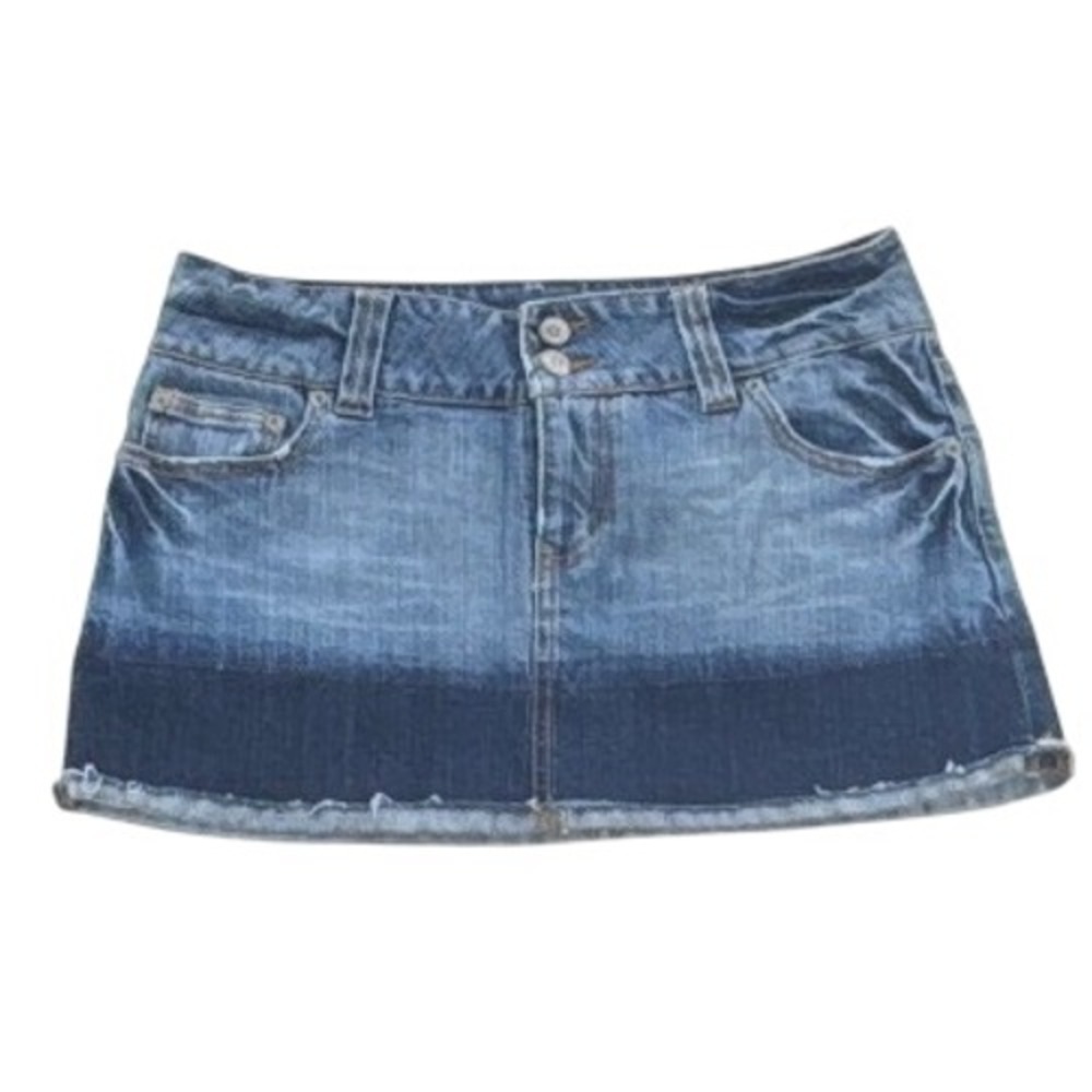 Y2K Refuge‎ Premium Denim Mini Skirt Size 5 Blue Fade Wash Frayed Hem Stretch